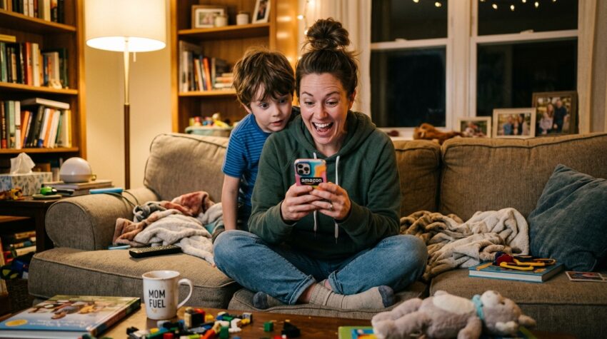 mom discovering Amazon Rufus AI assistant on her phone