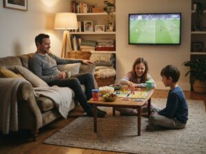 Family watching football and playing games