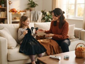 Mom choosing a Halloween costume with child
